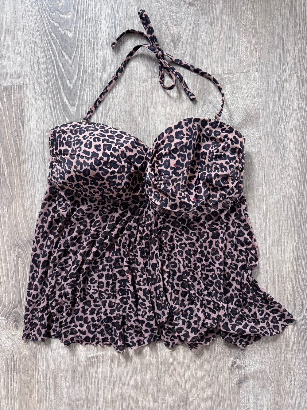 Leopard Print Halter Babydoll Swim Top